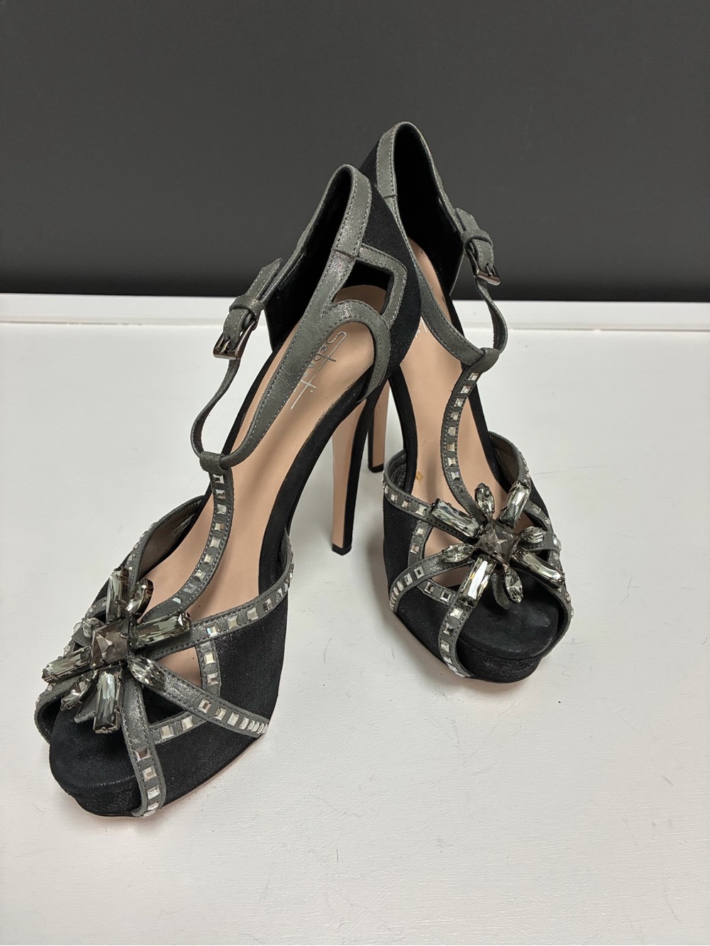 Sebastian Black Embellished High Heel T-Strap Platform Sandals